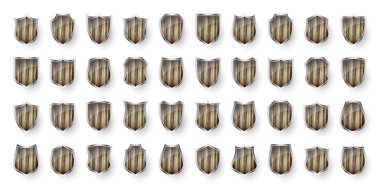 Kalkan simgelerinden oluşan ahşap bir set. Siyah hanedan kalkanları. Koruma ve güvenlik sembolü, etiket. Vektör illüstrasyonu.