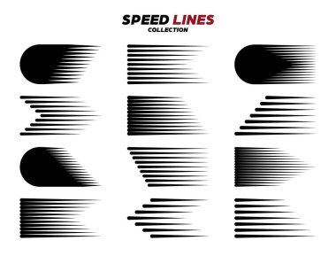 Siyah çizgi film ya da yuvarlak köşeli komik hız çizgileri. Hareket etkisinde basit bir çizgi. Çizgi roman tasarım elemanı. Vektör koleksiyonu.