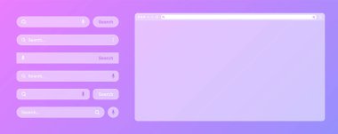 Çeşitli arama çubuğu şablonlarına sahip boş saydam internet tarayıcı penceresi. Arama kutusu, adres çubuğu ve metin alanı olan web sitesi motoru. UI tasarımı, web sitesi arayüzü elemanları. Vektör illüstrasyonu.