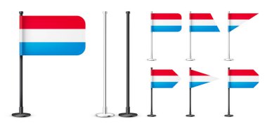 Lüksemburg masa bayrakları siyah çelik bir direğin üzerinde. Lüksemburg 'dan bir hatıra. Kağıttan ya da kumaştan yapılmış bayrak, parlak metal standı. Promosyon ve reklam için bir model. Vektör illüstrasyonu.