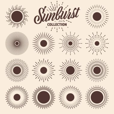Klasik güneş patlaması, günbatımı ışınları koleksiyonu. El çizimi güneş patlaması, ışık ışınları. Logotype ya da dizayn ögesi retro tarzında. Vektör illüstrasyonu.