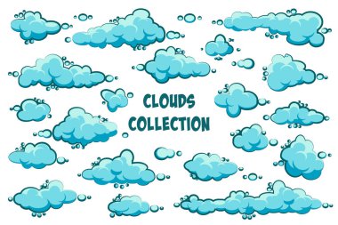 Mavi arka planda karikatür bulutları. Basit el çizimi, yuvarlak bulut, yaz gökyüzü manzarası, bulutlar. Düz dizayn. Vektör illüstrasyonu.