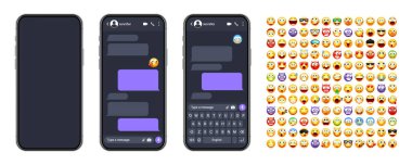 Akıllı telefon mesaj uygulaması, emoji ile kullanıcı arayüzü. SMS metin çerçevesi. Sohbet ekranı, mor mesaj baloncukları. İletişim için mesaj uygulaması. Sosyal medya uygulaması. Karanlık mod. Vektör illüstrasyonu.