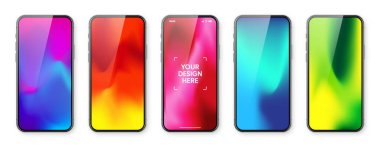 Dokunmatik ekranlı akıllı telefon ve soyut renkli arkaplan, duvar kağıdı. Ön görüntüde çerçevesiz cep telefonu var. Yüksek kalite detaylı cihaz modeli. Vektör illüstrasyonu.