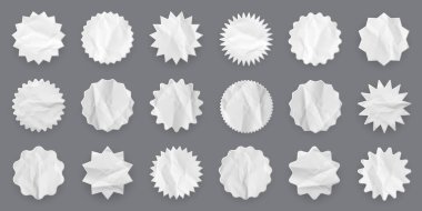 Buruşuk kağıt alışveriş etiketleri. İndirimli ya da karton desenli çıkartma. Özel fiyat etiketi. Süpermarket tanıtım rozeti. Güneş patlaması ikonu. Vektör illüstrasyonu.