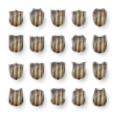 Kalkan simgelerinden oluşan ahşap bir set. Siyah hanedan kalkanları. Koruma ve güvenlik sembolü, etiket. Vektör illüstrasyonu.