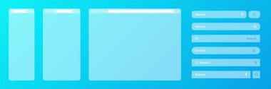 Çeşitli arama çubuğu şablonlarına sahip boş saydam internet tarayıcı penceresi. Arama kutusu, adres çubuğu ve metin alanı olan web sitesi motoru. UI tasarımı, web sitesi arayüzü elemanları. Vektör illüstrasyonu.