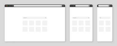 Sekme, araç çubuğu ve arama alanı olan boş web tarayıcı penceresi. Modern web sitesi, düz stil internet sayfası. Bilgisayar, tablet ve akıllı telefon için tarayıcı modeli. Vektör illüstrasyonu.