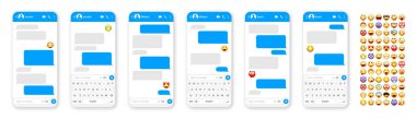 Akıllı telefon mesajlaşma uygulaması, emoji ile kullanıcı arayüzü tasarımı. SMS metin çerçevesi. Mavi mesaj baloncuklu sohbet ekranı. İletişim için mesaj uygulaması. Sosyal medya uygulaması. Vektör illüstrasyonu.