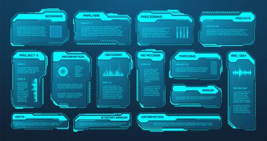 Mavi fütüristik HUD ya da UI elementleri. Bilim kurgu kullanıcı arayüzü mesaj kutuları, çağrılar. Uyarı ileti çerçeveleri, bilgi kutuları şablonu. Modern oyun arayüzü düzeni dijital stilde. Vektör illüstrasyonu.