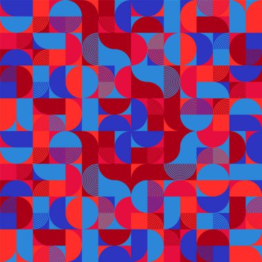 Geometrik model, Bauhaus tarzı. Basit elementlerle modern renkli arka plan. Temel geometrik şekilli ters doku. Yazdırma tasarımı, minimalist poster kapağı. Vektör illüstrasyonu.