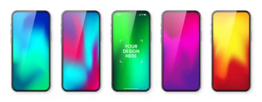 Dokunmatik ekranlı akıllı telefon ve soyut renkli arkaplan, duvar kağıdı. Ön görüntüde çerçevesiz cep telefonu var. Yüksek kalite detaylı cihaz modeli. Vektör illüstrasyonu.