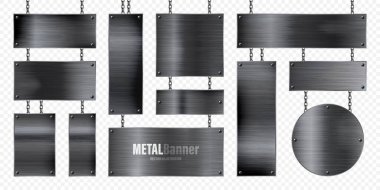 Zincirde asılı metal pankartlar. Gerçekçi, parlak, vidalı çelik bir plaka. Cilalanmış siyah metal yüzey. Vektör illüstrasyonu.