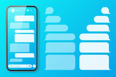 Renkli mavi arka planda mesajlaşma uygulaması olan gerçekçi bir akıllı telefon. Boş SMS metin çerçevesi. Şeffaf mesaj baloncuklarıyla sohbet ekranı. Sosyal medya uygulaması. Vektör illüstrasyonu.