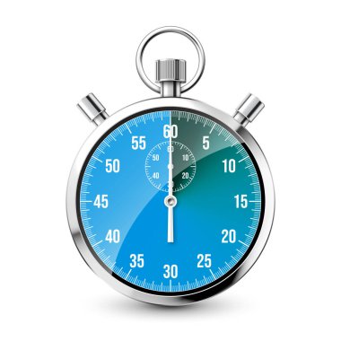 Gerçekçi klasik kronometre. Parlak metal kronometre, çevirmeli zaman sayacı. Mavi geri sayım zamanlayıcısı dakikaları ve saniyeleri gösteriyor. Spor için zaman ölçümü, başla ve bitir. Vektör illüstrasyonu.