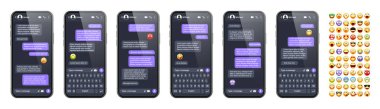 Akıllı telefon mesaj uygulaması, emoji ile kullanıcı arayüzü. SMS metin çerçevesi. Sohbet ekranı, mor mesaj baloncukları. İletişim için mesaj uygulaması. Sosyal medya uygulaması. Karanlık mod. Vektör illüstrasyonu.