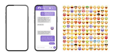 Akıllı telefon mesajlaşma uygulaması, emoji ile kullanıcı arayüzü tasarımı. SMS metin çerçevesi. Menekşe mesaj baloncuklarıyla sohbet ekranı. İletişim için mesaj uygulaması. Sosyal medya uygulaması. Vektör illüstrasyonu.