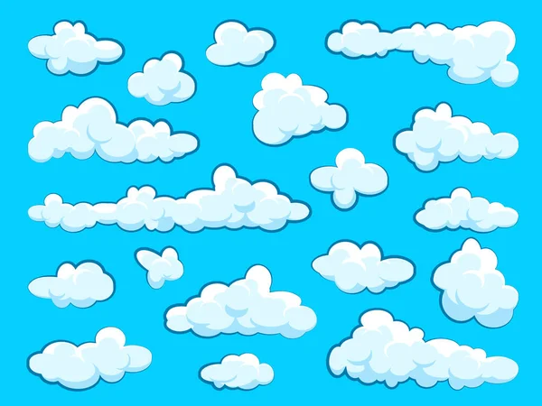 Painted cartoon clouds on blue background. Simple hand drawn round cloud, summer sky panorama, cloudscape. Flat design. Vector illustration.