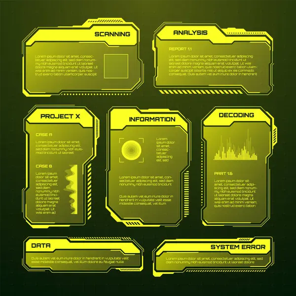 黄色未来主义Hud Ui元素 Sci Fi用户界面文本框 警告消息帧 信息框模板 数字风格的现代游戏界面布局 矢量说明 — 图库矢量图片