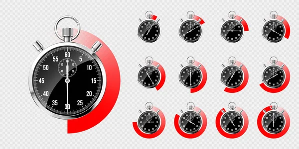 现实的经典秒表 新金属计时器 黑色计时器与刻度盘 红色倒计时显示分分秒秒 运动时间的测量 开始和结束 矢量说明 — 图库矢量图片