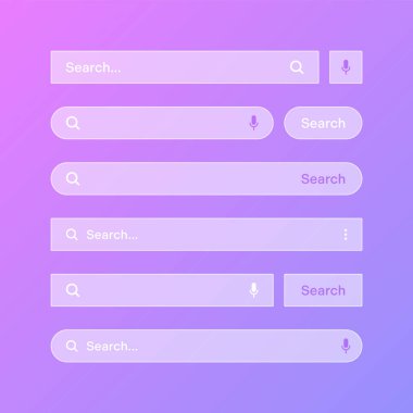 Çeşitli şeffaf arama çubuğu şablonları. Arama kutusu, adres çubuğu ve metin alanı olan internet tarayıcı motoru. Kullanıcı tasarımı, web arayüzü ögesi web simgeleri ve düğmeye basın. Vektör illüstrasyonu.