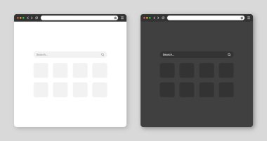Araç çubuğu ve arama alanı olan boş web tarayıcı penceresi. Modern web sitesi, düz stil internet sayfası. Bilgisayar, tablet ve akıllı telefon için tarayıcı modeli. Aydınlık ve karanlık mod. Vektör illüstrasyonu.