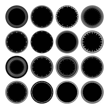 Mekanik saat yüzleri, bezel. Dakika ve saat işaretli yuvarlak arama. Zamanlayıcı ya da kronometre elemanı. Boş ölçüm çemberi ölçeği ve bölünmeler. Vektör illüstrasyonu