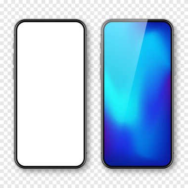 Boş dokunmatik ekranlı akıllı telefon ve soyut renkli arkaplan, duvar kağıdı. Ön görüntüde çerçevesiz cep telefonu var. Yüksek kalite detaylı cihaz modeli. Vektör illüstrasyonu.