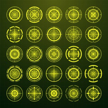 Crosshair, silah görüş vektör simgeleri. Tam isabet, siyah hedef ya da nişan sembolü. Askeri tüfek dürbünü, işaret fişeği. Nişan alıyorum, nişan alıyorum. Okçuluk, avcılık ve spor atıcılığı. Oyun UI ögesi
