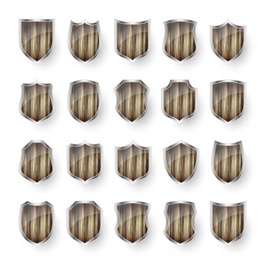 Kalkan simgelerinden oluşan ahşap bir set. Siyah hanedan kalkanları. Koruma ve güvenlik sembolü, etiket. Vektör illüstrasyonu.