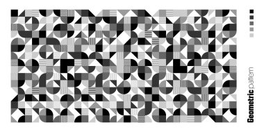 Geometrik model, Bauhaus tarzı. Basit elementlerle modern arka plan. Temel geometrik şekilli ters doku. Yazdırma tasarımı, minimalist poster kapağı. Vektör illüstrasyonu.