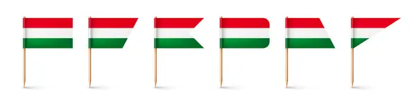 现实的各种匈牙利牙签旗 匈牙利的纪念品 带有纸旗的木制牙签 位置标记 地图指针 广告和促销的空白模型 矢量说明 — 图库矢量图片