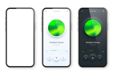 Çevrimiçi ses oynatıcı arayüzü, akıllı telefon uygulaması UI tasarımı. Müzik, medya yayını ve dinleme platformu. Tepkili mobil uygulama. Neumorphism, neumorphic style. Vektör illüstrasyonu