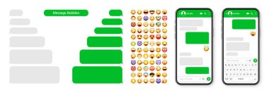 Akıllı telefon mesajlaşma uygulaması, emoji ile kullanıcı arayüzü tasarımı. SMS metin çerçevesi. Yeşil mesaj baloncuklu sohbet ekranı. İletişim için mesaj uygulaması. Sosyal medya uygulaması. Vektör illüstrasyonu.