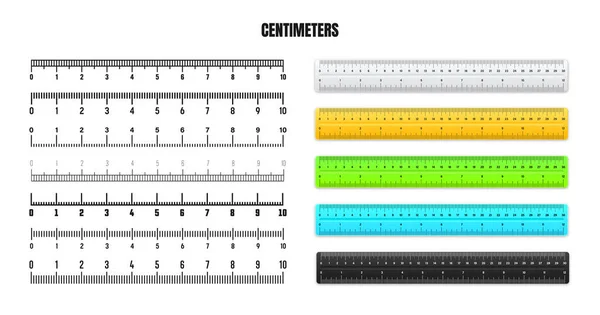 用于测量长度或高度的具有黑色厘米刻度的现实金属尺子 不同的刻度与除法 磁带测量标记 尺寸指示器 矢量说明 — 图库矢量图片
