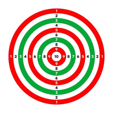 Atış menzilli kağıt hedefler, bölümler, işaretler ve numaralar. Okçuluk, atış talimi, antrenman, spor müsabakası ve avcılık. Tam isabet ve nişan al. Vektör illüstrasyonu.