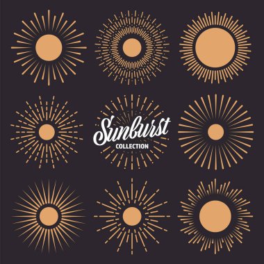 Klasik güneş patlaması, günbatımı ışınları koleksiyonu. El çizimi güneş patlaması, ışık ışınları. Logotype ya da dizayn ögesi retro tarzında. Vektör illüstrasyonu.