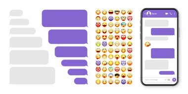 Akıllı telefon mesajlaşma uygulaması, emoji ile kullanıcı arayüzü tasarımı. SMS metin çerçevesi. Menekşe mesaj baloncuklarıyla sohbet ekranı. İletişim için mesaj uygulaması. Sosyal medya uygulaması. Vektör illüstrasyonu.