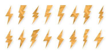 Yıldırım, buruşmuş kağıt dokusu, karton. Flaş sembolü, yıldırım. Basit yıldırım çarpması işareti. Vektör illüstrasyonu.