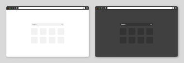 Araç çubuğu ve arama alanı olan boş web tarayıcı penceresi. Modern web sitesi, düz stil internet sayfası. Bilgisayar, tablet ve akıllı telefon için tarayıcı modeli. Aydınlık ve karanlık mod. Vektör illüstrasyonu.