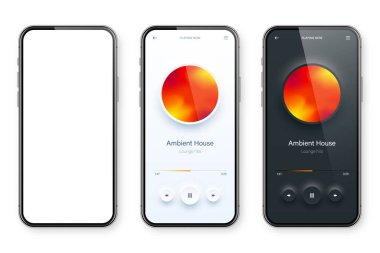 Çevrimiçi ses oynatıcı arayüzü, akıllı telefon uygulaması UI tasarımı. Müzik, medya yayını ve dinleme platformu. Tepkili mobil uygulama. Neumorphism, neumorphic style. Vektör illüstrasyonu