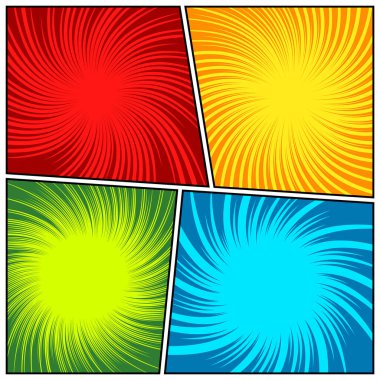 Renkli çarpık çizgi roman ışınları, çizgiler. Hareketli çizgi roman arka planı, hız çizgileri. Pop sanatsal elementler. Vektör illüstrasyonu.