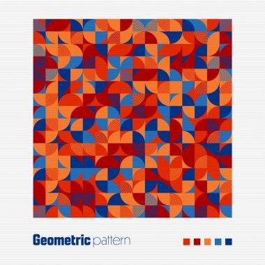 Geometrik model, Bauhaus tarzı. Basit elementlerle modern renkli arka plan. Temel geometrik şekilli ters doku. Yazdırma tasarımı, minimalist poster kapağı. Vektör illüstrasyonu.