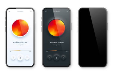 Çevrimiçi ses oynatıcı arayüzü, akıllı telefon uygulaması UI tasarımı. Müzik, medya yayını ve dinleme platformu. Tepkili mobil uygulama. Neumorphism, neumorphic style. Vektör illüstrasyonu