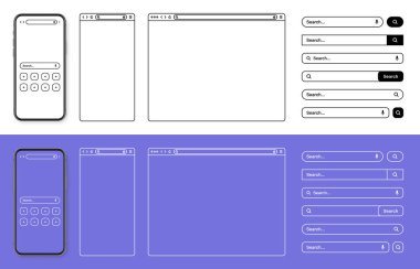 Akıllı telefon, web tarayıcı, araç çubuğu ve arama çubuğu olan internet sayfası penceresi, alan. Modern web sitesi düz stil, çizgi sanatı. Bilgisayar, tablet ve akıllı telefon için boş tarayıcı modeli. Vektör illüstrasyonu.