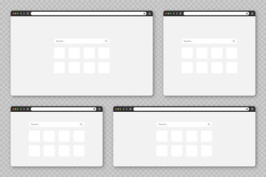 Sekme, araç çubuğu ve arama alanı olan boş web tarayıcı penceresi. Modern web sitesi, düz stil internet sayfası. Bilgisayar, tablet ve akıllı telefon için tarayıcı modeli. Vektör illüstrasyonu.