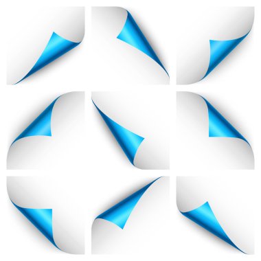 Mavi kağıt bukleleri. Gölgeli kıvrımlı sayfa köşesi. Boş bir kağıt parçası. Renkli parlak folyo. Reklam ve tanıtım için tasarım elemanı. Vektör illüstrasyonu