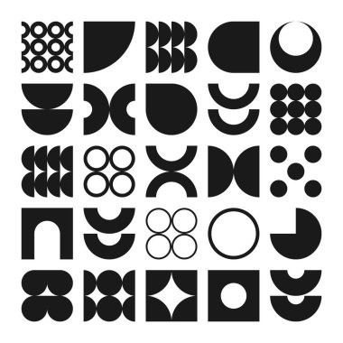 Acımasız geometrik şekiller, semboller. Basit ilkel elementler ve formlar. Bauhaus retro tasarımı, modaya uygun çağdaş minimalist tarzı. Vektör illüstrasyonu.