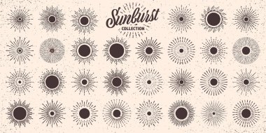 Klasik grunge güneş patlaması, günbatımı ışınları. El çizimi güneş patlaması, ışık ışınları. Logotype ya da dizayn ögesi retro tarzında. Vektör illüstrasyonu.