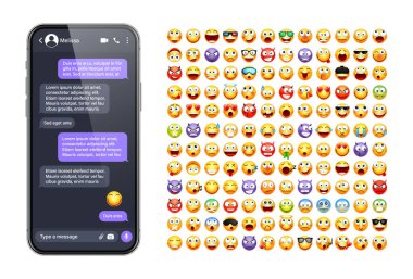 Akıllı telefon mesaj uygulaması, emoji ile kullanıcı arayüzü. SMS metin çerçevesi. Sohbet ekranı, mor mesaj baloncukları. İletişim için mesaj uygulaması. Sosyal medya uygulaması. Karanlık mod. Vektör illüstrasyonu.